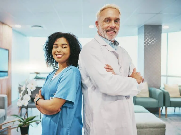 Healthcare team, doctor and nurse with portrait, medical professional and collaboration with divers
