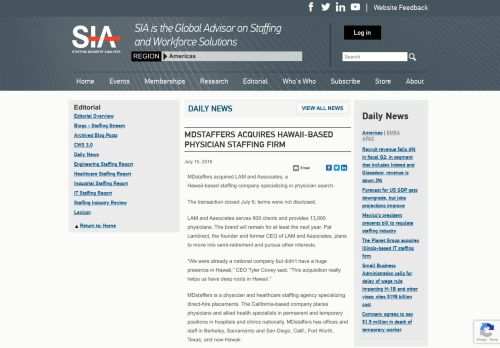 Screenshot of sia news page for mdstaffers acquires hawaii based physicians