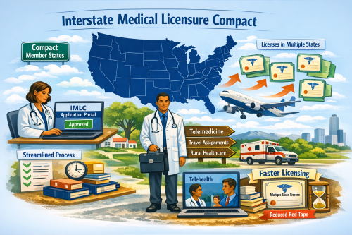 Infographic: Interstate Medical Licensure Compact benefits for doctors.