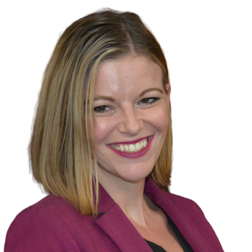 Smiling blonde woman in magenta blazer, headshot.