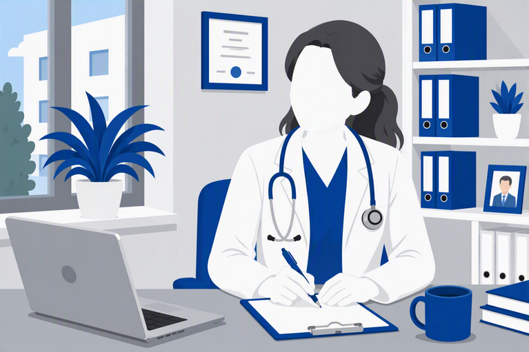 Doctor working at desk, writing notes in a medical office.