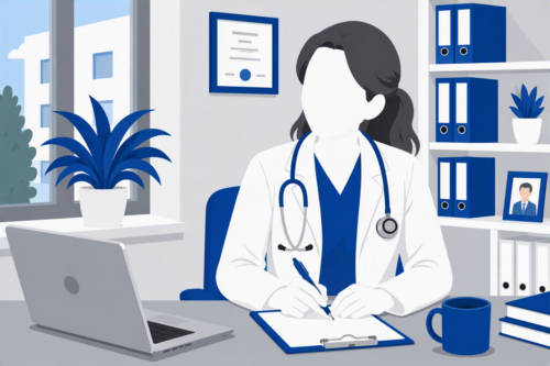 Doctor working at desk, writing notes in a medical office.