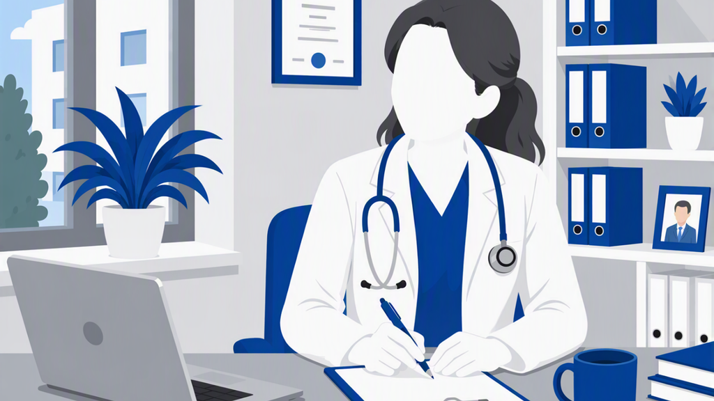 Doctor writing at desk with laptop and medical supplies.