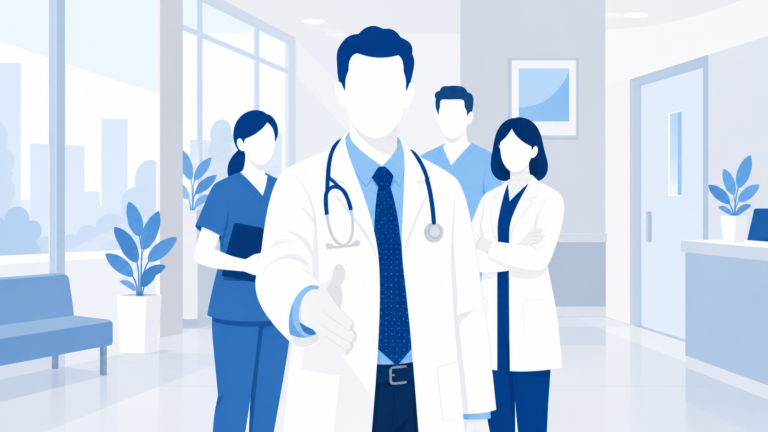 Medical team illustration with doctor extending hand for handshake.