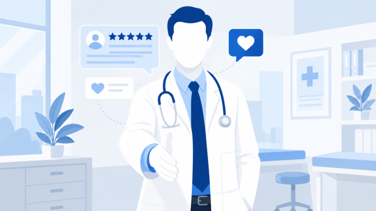 Stylized doctor offering handshake with positive patient feedback.