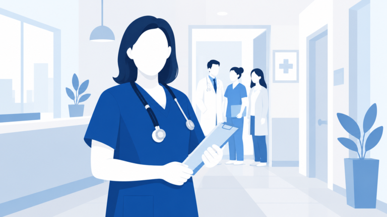 Female nurse with stethoscope and clipboard, medical team in hospital.