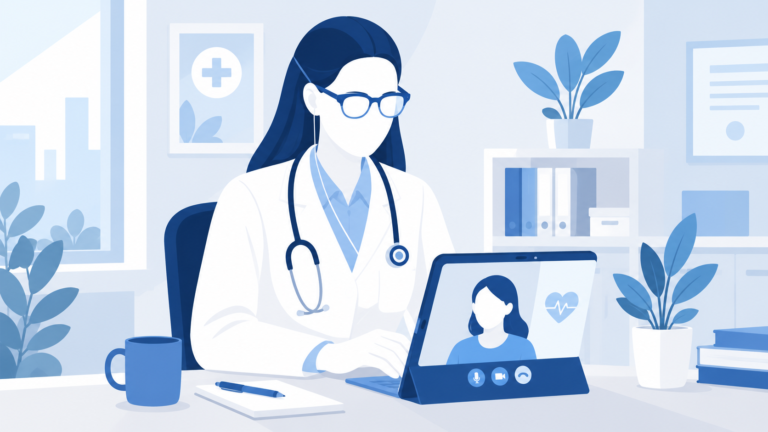 Doctor conducting telehealth video consultation with a patient on a laptop.
