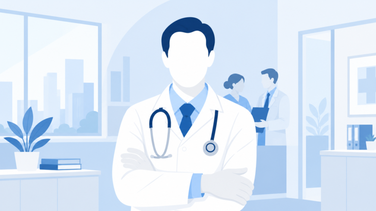 Illustration of a doctor in a medical office with colleagues.