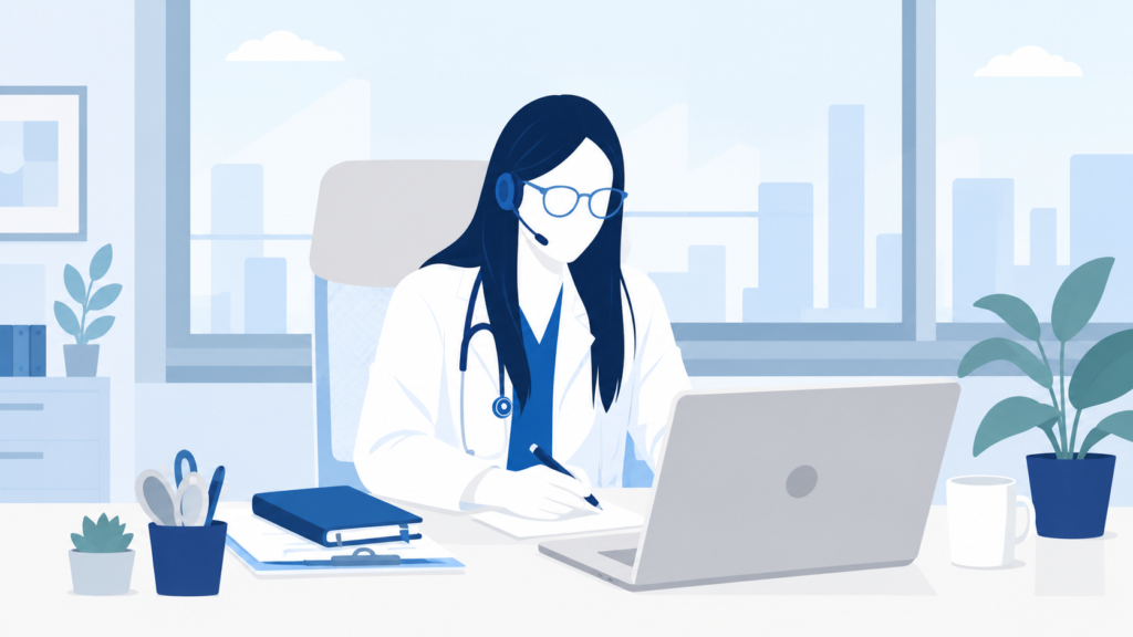 Doctor in headset at desk, writing and using laptop.