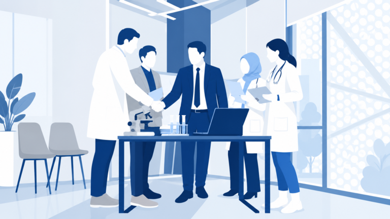 Scientists, doctors, businessmen meet in modern lab.
