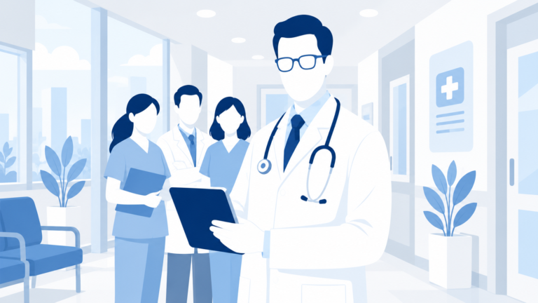 Doctor and medical team in a hospital corridor with tablet.