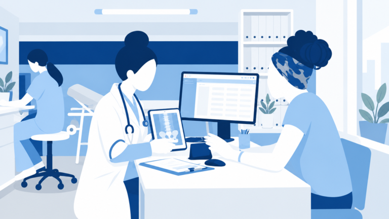 Doctor discusses X-ray results with patient in modern clinic.