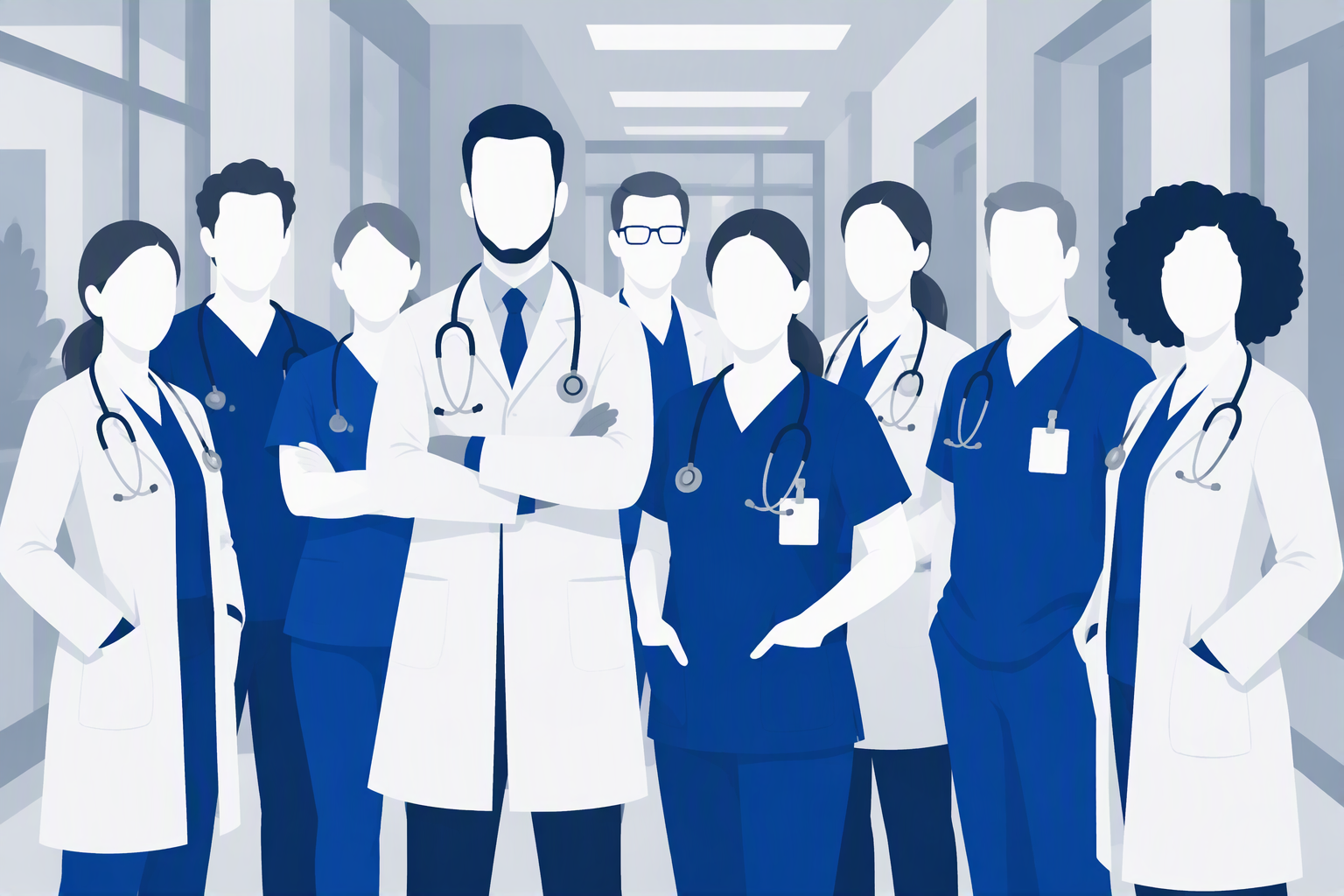 Diverse medical team standing together in a hospital corridor illustration.