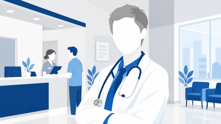 Doctor in clinic with reception and waiting area.