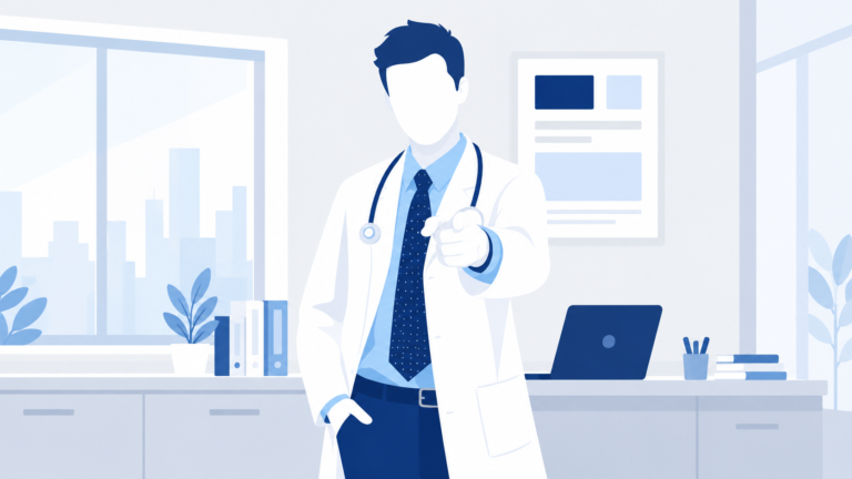 Doctor in office pointing directly at the viewer.