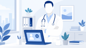 Doctor in modern office with laptop, ready for digital consultations.
