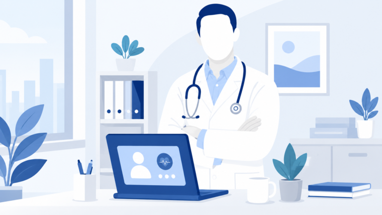 Doctor in modern office with laptop, ready for digital consultations.