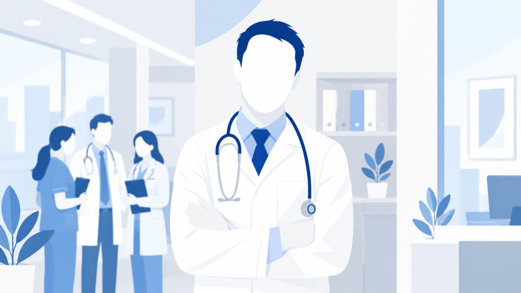 Doctor with medical team in modern hospital setting.