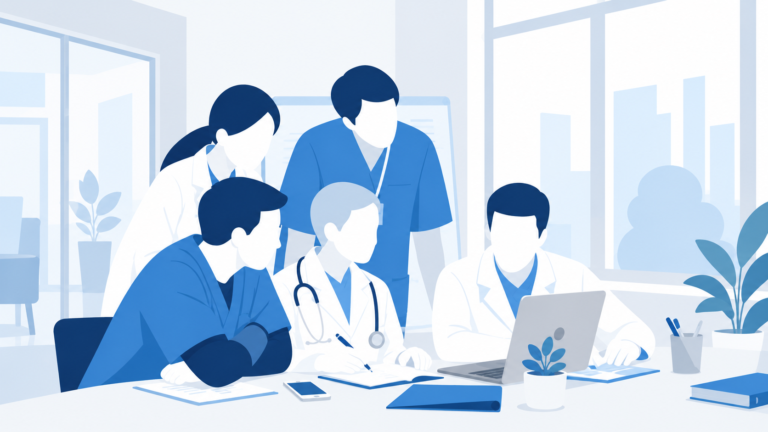 Medical team collaborating around a table with a laptop.