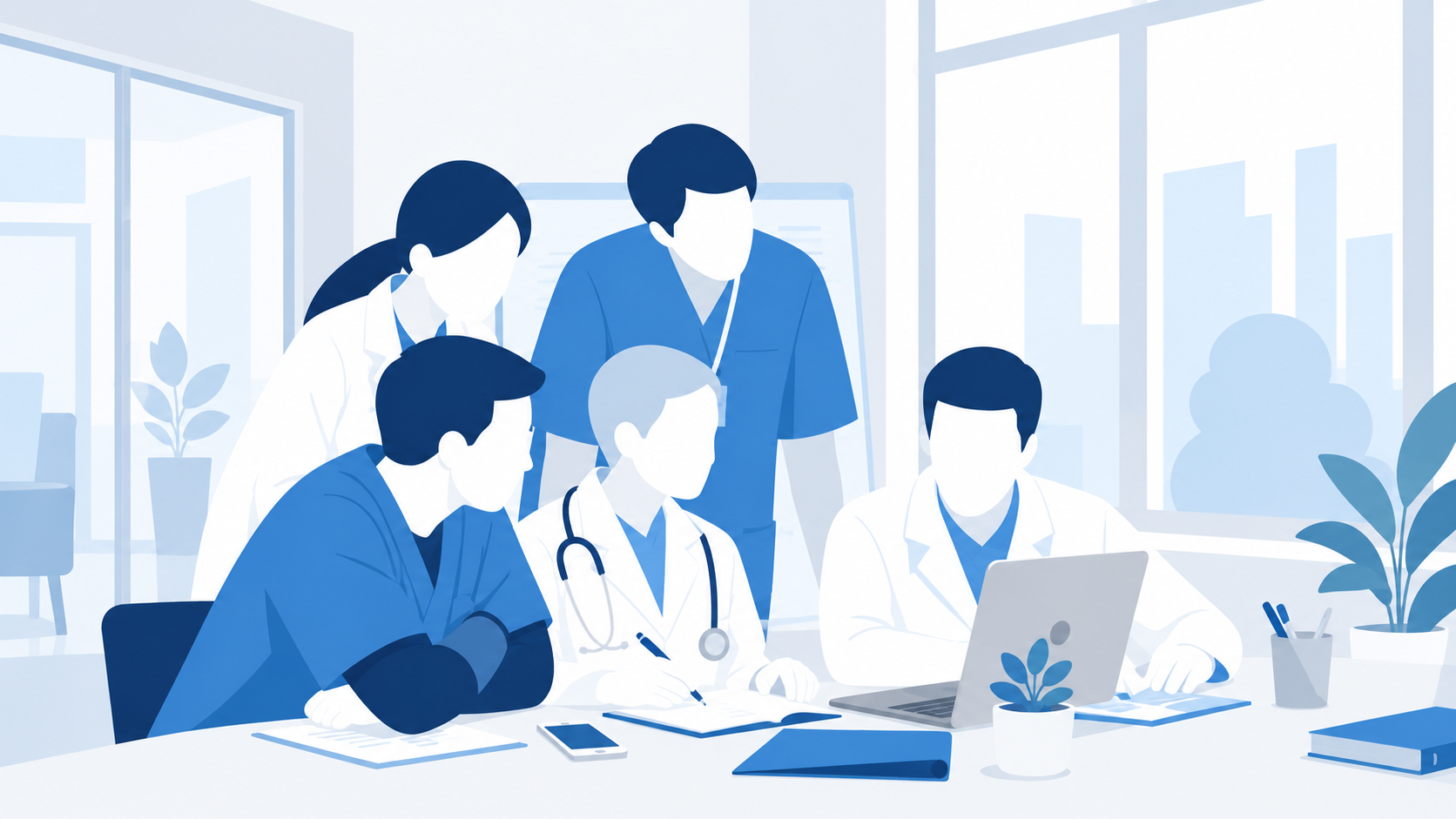 Medical team collaborating around a table with a laptop.